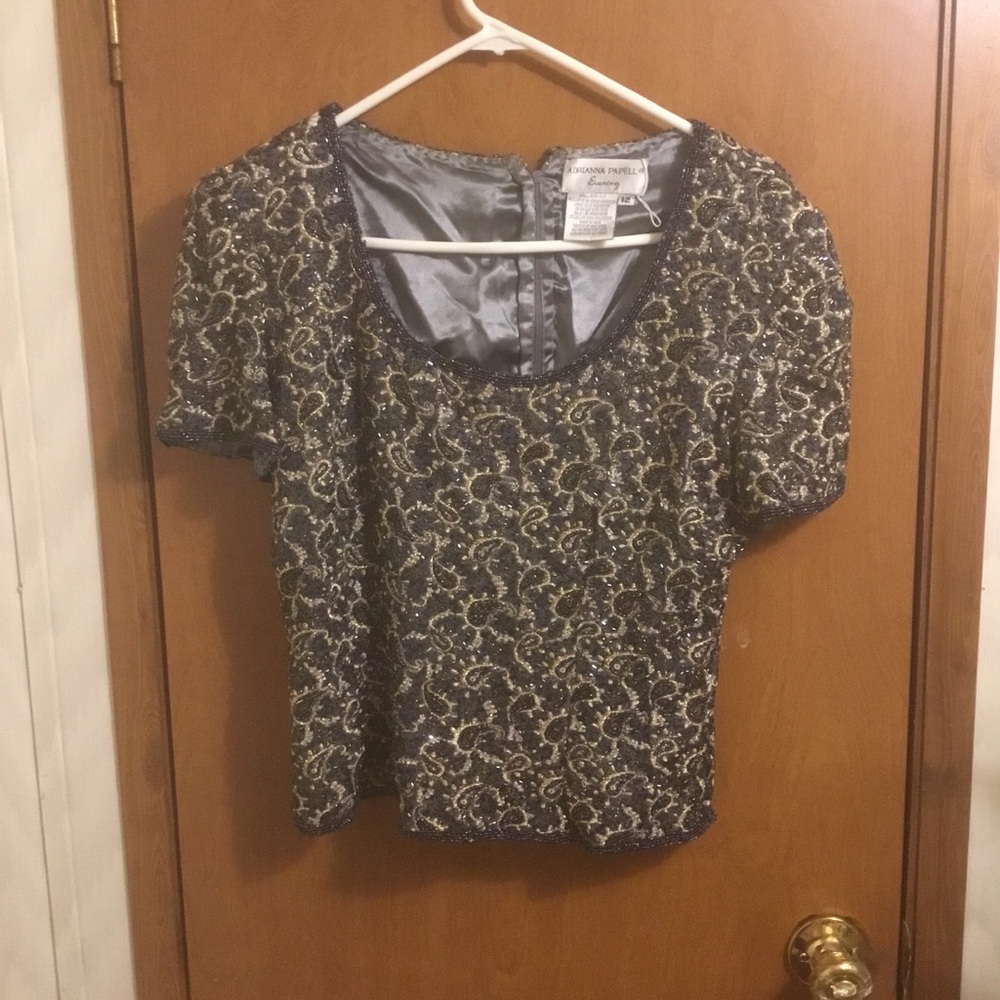 Adrianna Papell Vintage Evening Silk Embroidered Hand-tied Beaded Top Blouse 12